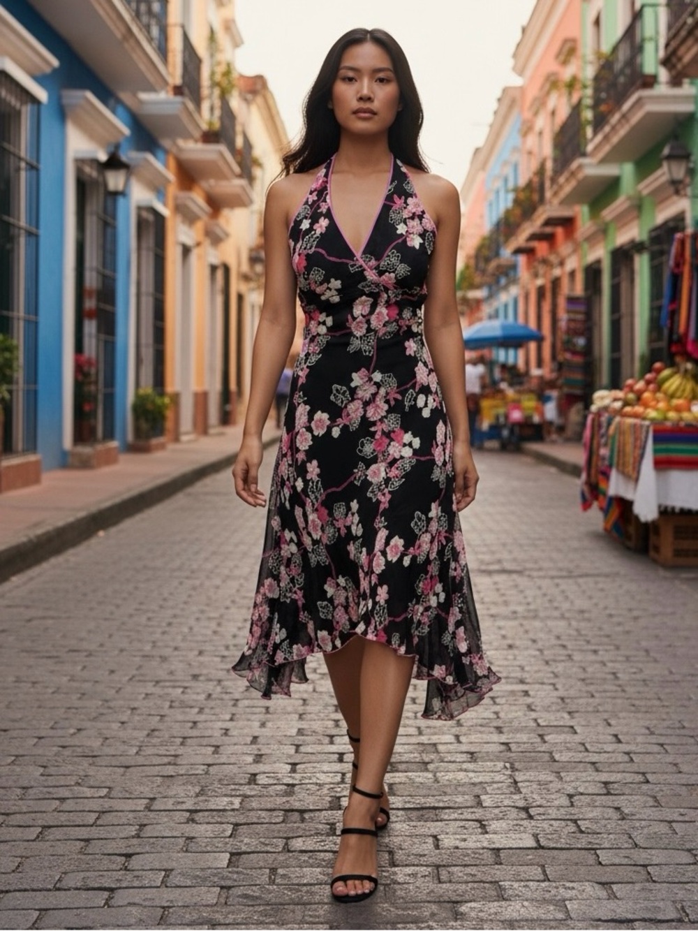 Boho y2k vintage floral flowy halter dress